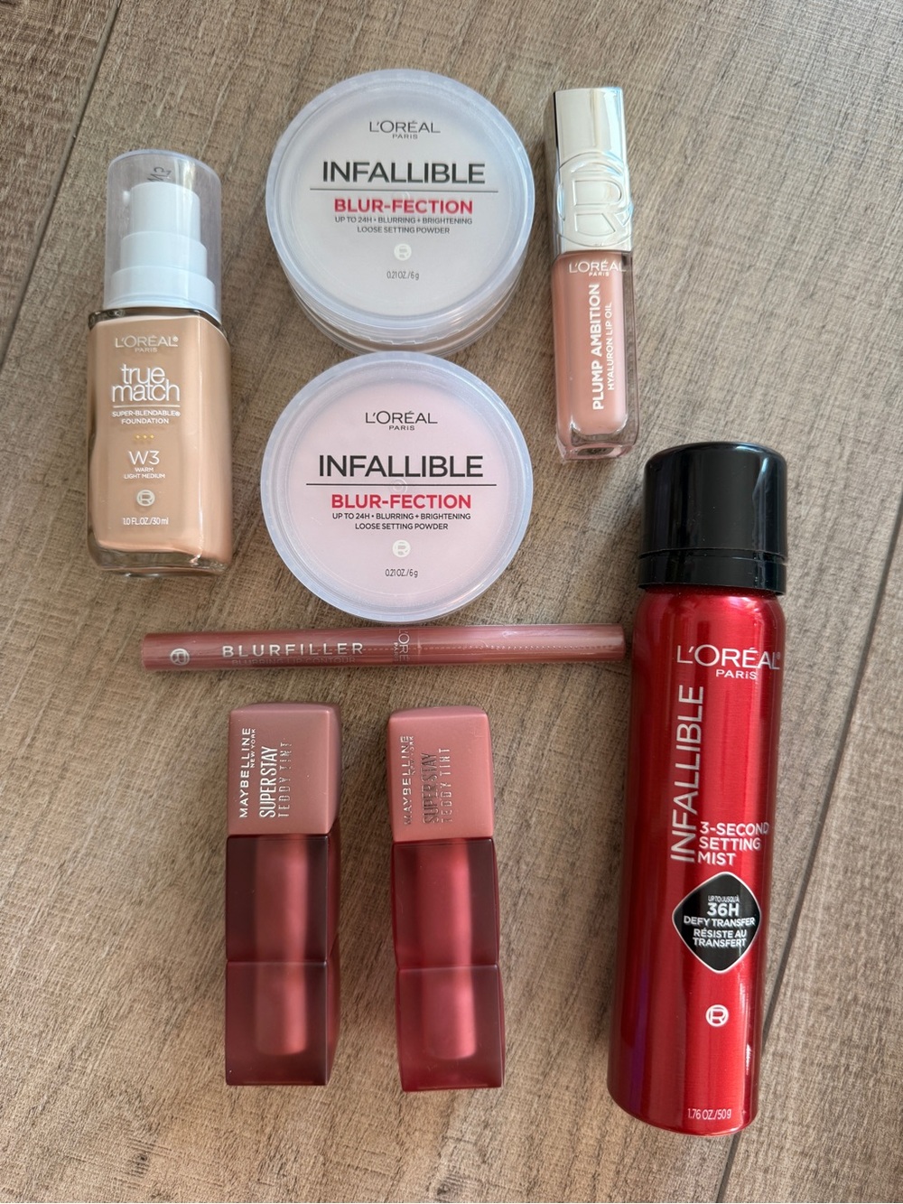 L'Oreal Makeup Set with Red Setting Mist, Nude Foundation & Pink Lip Shades